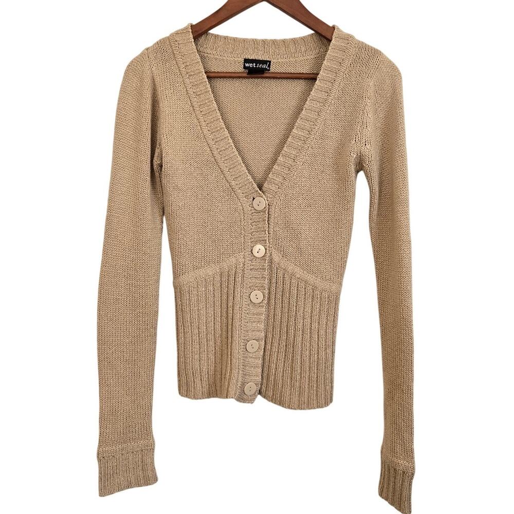 Vintage Y2K 90's Mall Grunge Fairycore Wet Seal Earthy Beige Fitted Cardigan S